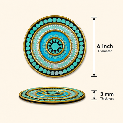 Handcrafted Ocean Turquoise Mandala Lippan Art (6-Inch MDF Base) – Premium Blue & Gold Mud-Mirror Work Wall Hanging