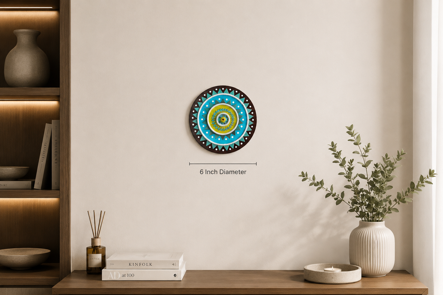 Handcrafted Lime & Sky Blue Sunburst Lippan Art (6-Inch MDF Base) – Modern Indian Mud & Mirror Work Mandala