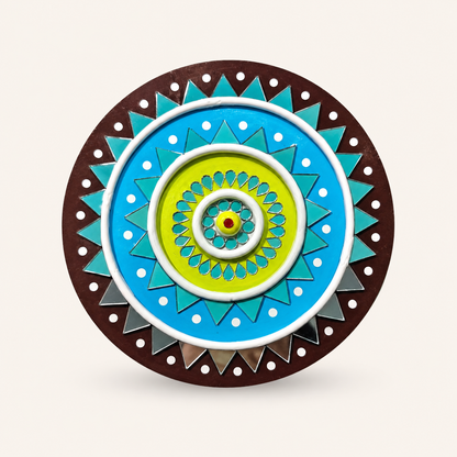 Handcrafted Lime & Sky Blue Sunburst Lippan Art (6-Inch MDF Base) – Modern Indian Mud & Mirror Work Mandala