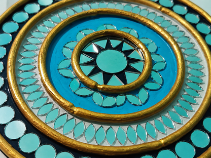 Handcrafted Ocean Turquoise Mandala Lippan Art (6-Inch MDF Base) – Premium Blue & Gold Mud-Mirror Work Wall Hanging