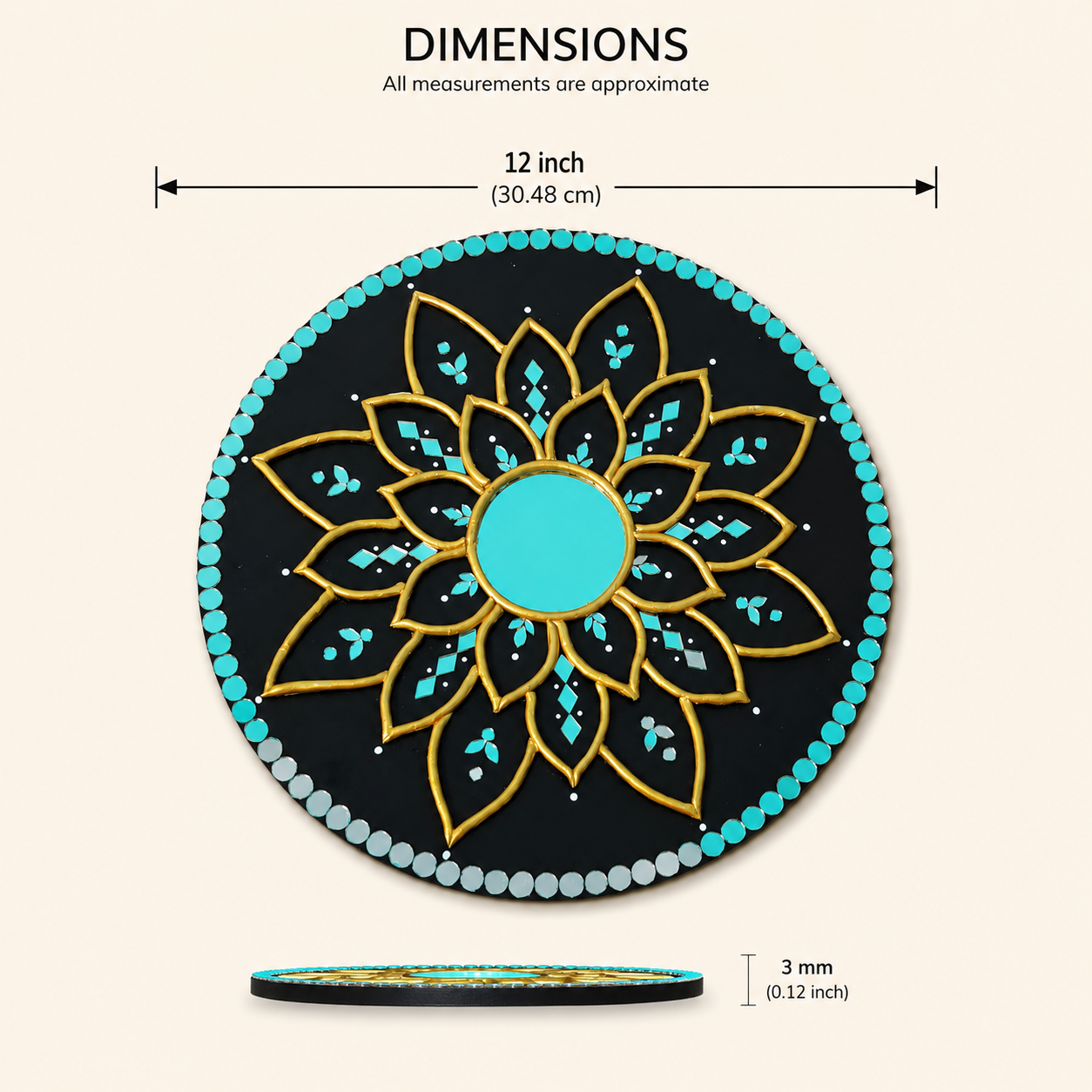 Handcrafted Black & Gold Lotus Mandala Lippan Art Wall Mirror (12-Inch MDF Base) – Premium Turquoise Mud-Mirror Work