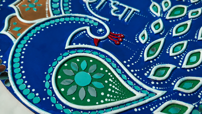 Handcrafted Shri Radha Peacock Lippan Art Wall Hanging (16-Inch MDF Base) – Premium Royal Blue Devotional Mud-Mirror Work