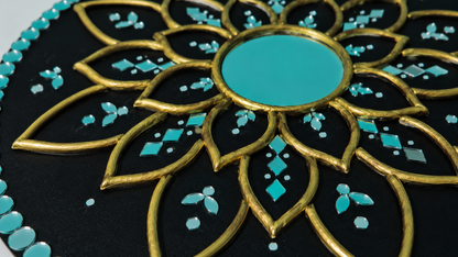 Handcrafted Black & Gold Lotus Mandala Lippan Art Wall Mirror (12-Inch MDF Base) – Premium Turquoise Mud-Mirror Work