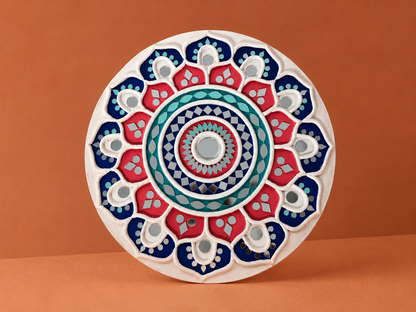 Handcrafted Royal Lotus Mandala Lippan Art Wall Mirror (10-Inch MDF Base) – Premium Crimson & Blue Mud-Mirror Work