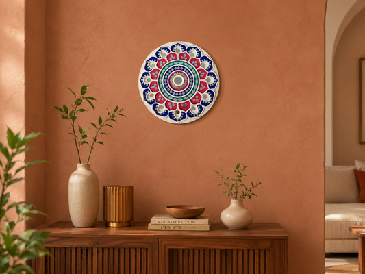 Handcrafted Royal Lotus Mandala Lippan Art Wall Mirror (10-Inch MDF Base) – Premium Crimson & Blue Mud-Mirror Work