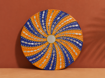 Handcrafted Royal Sunburst Lippan Art Wall Mirror (12-Inch MDF Base) – Vibrant Blue & Yellow Mud-Mirror Work