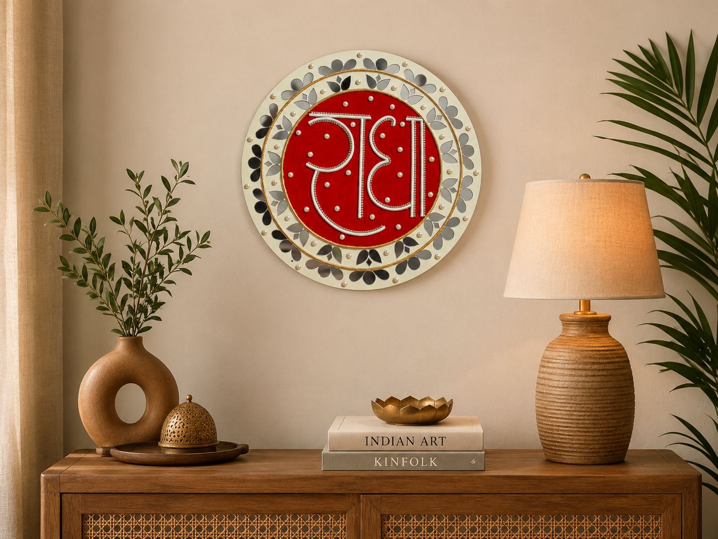 Handcrafted Radha Calligraphy Lippan Art Wall Hanging (14-Inch MDF Base) – Premium Devotional Mud & Mirror Work
