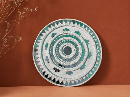 Handcrafted Vintage White & Teal Lippan Art Wall Hanging (6-Inch MDF Base) – Traditional Indian Mud & Mirror Work