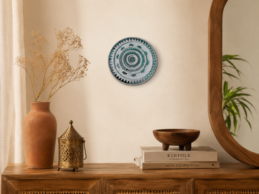 Handcrafted Vintage White & Teal Lippan Art Wall Hanging (6-Inch MDF Base) – Traditional Indian Mud & Mirror Work