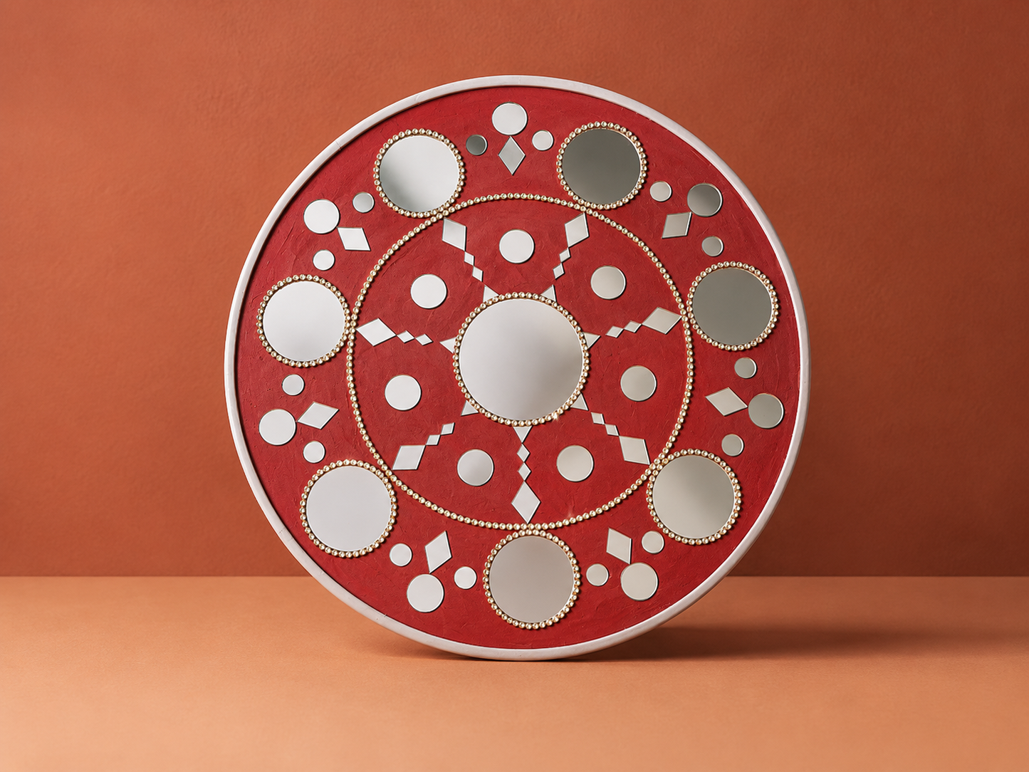 Handcrafted Crimson Red Star Mandala Lippan Art Wall Decor (12-Inch MDF Base) – Festive Mud & Mirror Work Hanging