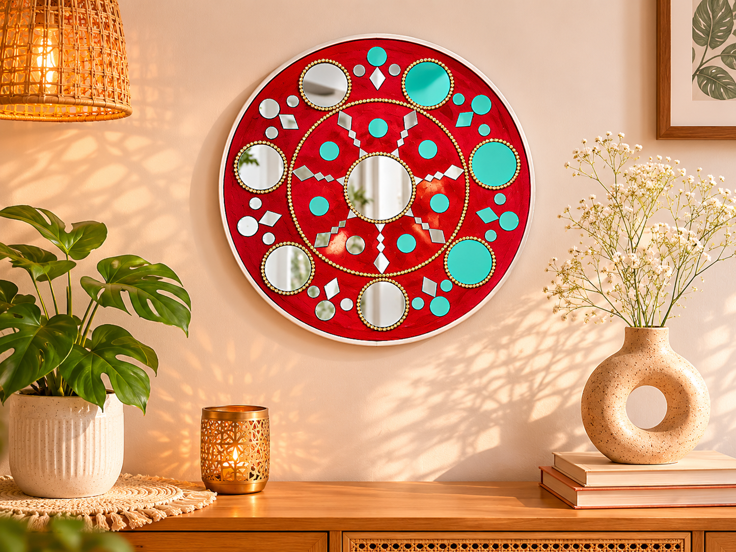 Handcrafted Crimson Red Star Mandala Lippan Art Wall Decor (12-Inch MDF Base) – Festive Mud & Mirror Work Hanging