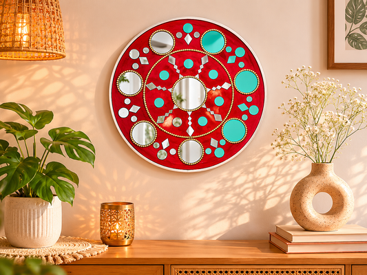 Handcrafted Crimson Red Star Mandala Lippan Art Wall Decor (12-Inch MDF Base) – Festive Mud & Mirror Work Hanging