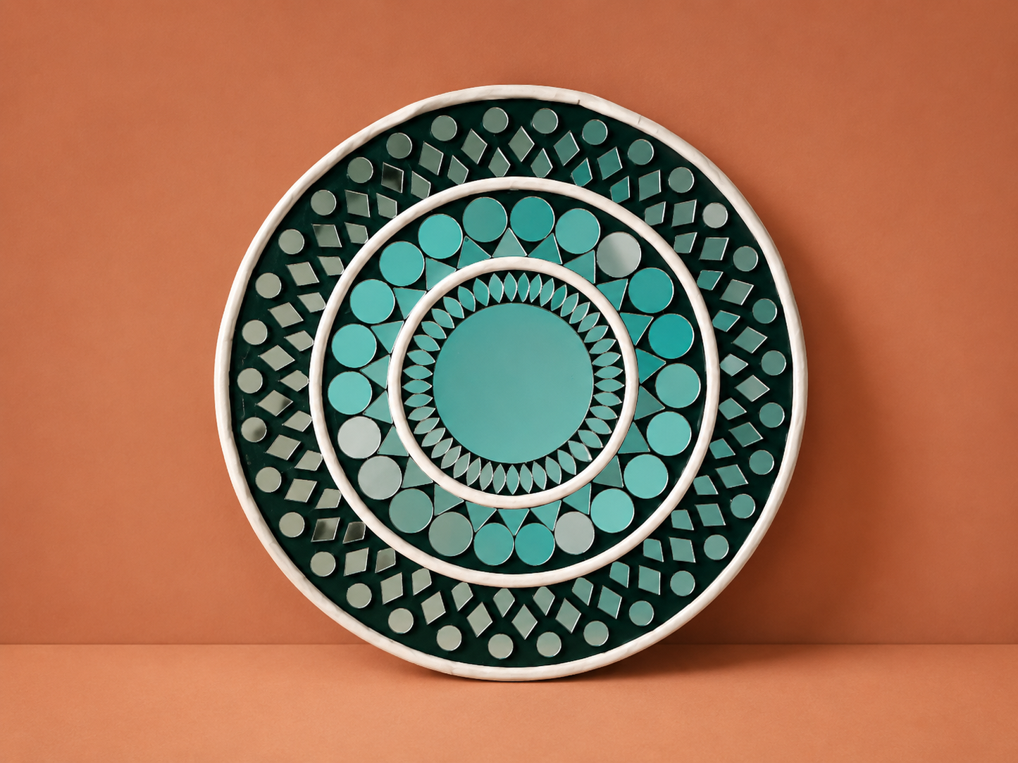 Handcrafted Teal & Green Round Lippan Art Wall Hanging (6-Inch MDF Base) – Traditional Indian Clay Mirror Work