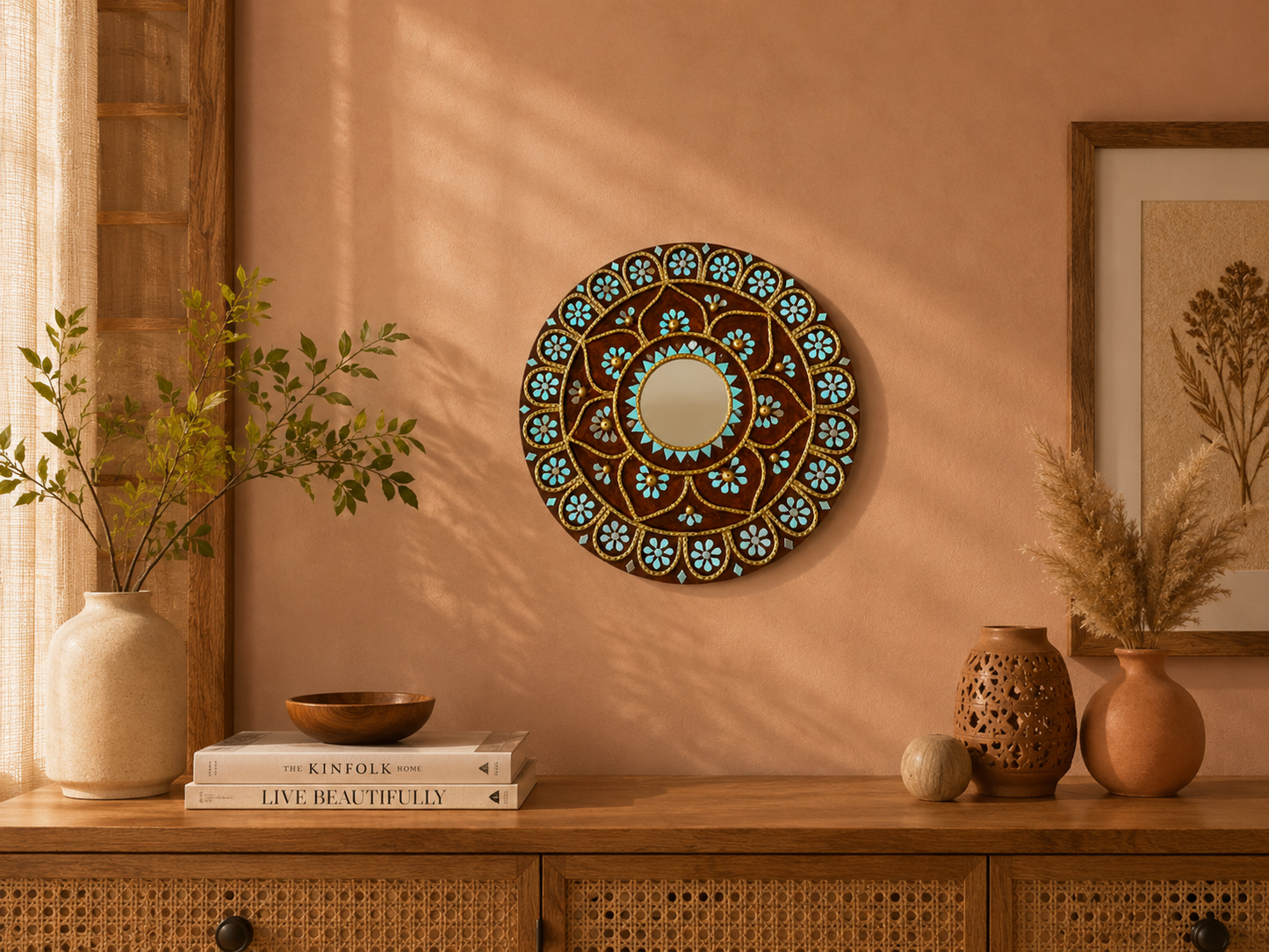 Handcrafted Floral Mandala Lippan Art Wall Mirror (10-Inch MDF Base) – Traditional Mud & Mirror Work