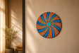 Handcrafted Royal Sunburst Lippan Art Wall Mirror (12-Inch MDF Base) – Vibrant Blue & Yellow Mud-Mirror Work