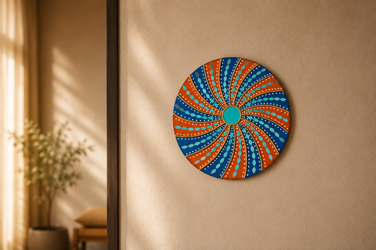 Handcrafted Royal Sunburst Lippan Art Wall Mirror (12-Inch MDF Base) – Vibrant Blue & Yellow Mud-Mirror Work