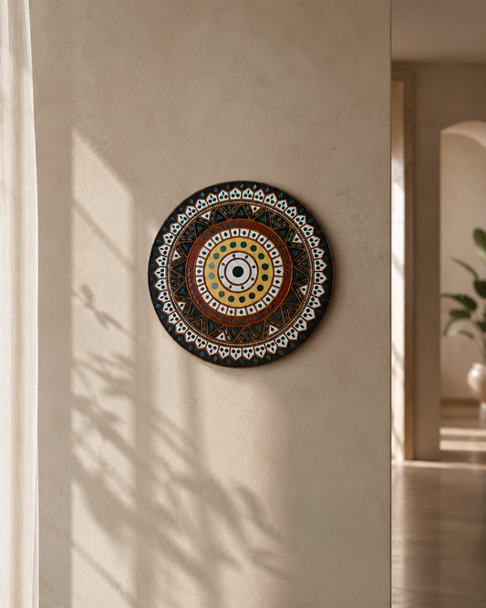 Handcrafted Royal Geometric Mandala Lippan Art Wall Decor (12-Inch MDF Base) – Traditional Multi-Color Mud & Mirror Work