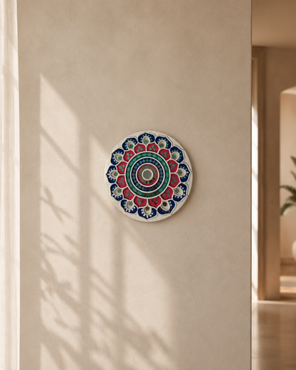 Handcrafted Royal Lotus Mandala Lippan Art Wall Mirror (10-Inch MDF Base) – Premium Crimson & Blue Mud-Mirror Work