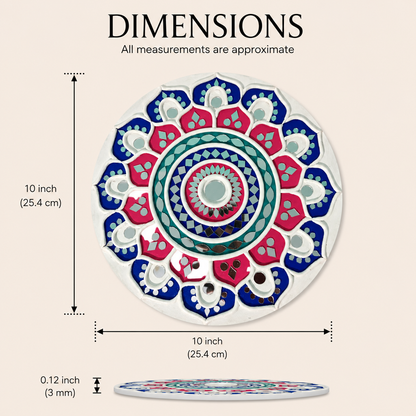 Handcrafted Royal Lotus Mandala Lippan Art Wall Mirror (10-Inch MDF Base) – Premium Crimson & Blue Mud-Mirror Work