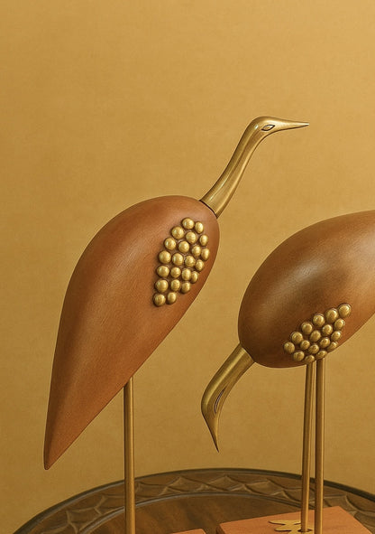 Handcrafted Wooden Bird Figurine Set – Modern Decor with Brass Accents | Sculptural Pair for Shelves & Tables