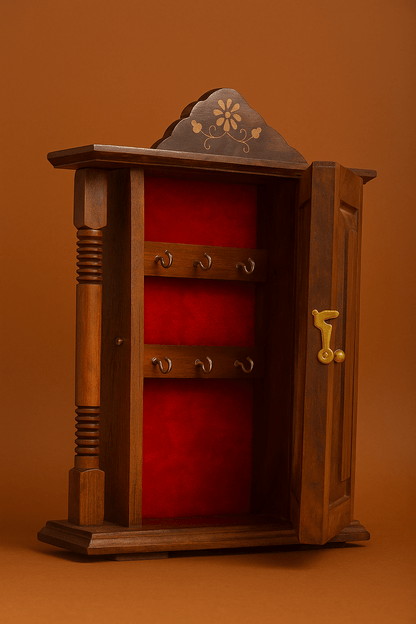 Handcrafted Wooden Key Holder Cabinet – Indian Temple Design Wall Organizer with Glass Door | Traditional Home Decor
