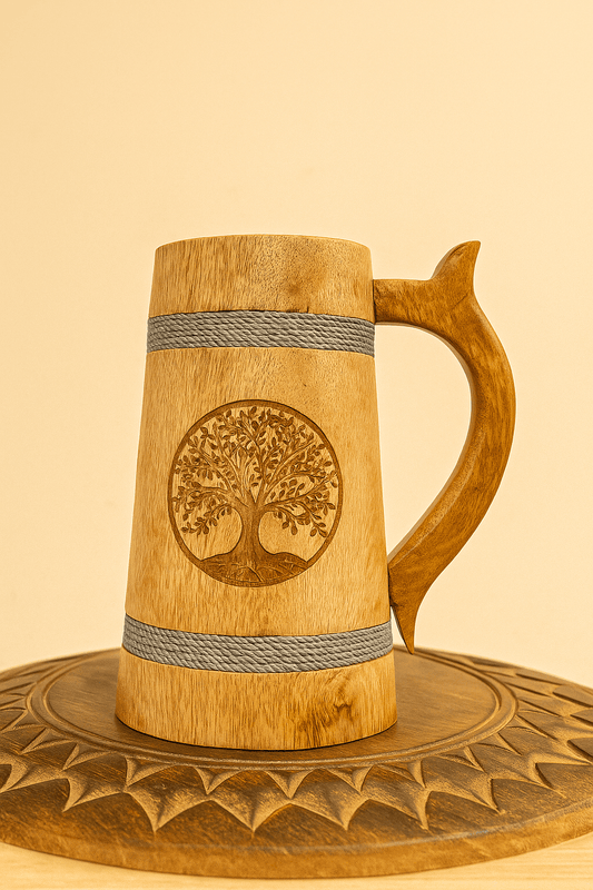 Handcrafted Wooden Beer Stein – Tree of Life Carving Decorative Mug | Rustic Wood Display Piece