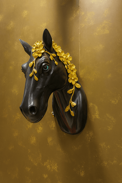 Elegant Horse Head Wall Decor – Black Resin Sculpture with Golden Floral Crown | Modern Equestrian Wall Art