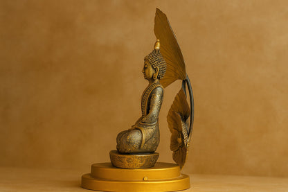 Metal Lord Buddha Statue Sitting Under Tree – Antique Finish Meditating Buddha Idol for Home & Office Decor