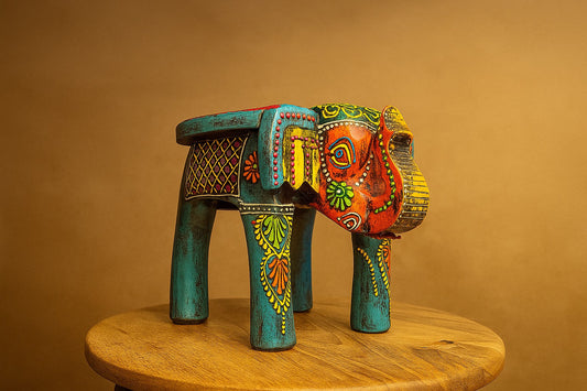 Hand-Painted Wooden Elephant Stool – Indian Folk Art Accent Table | Bohemian Decor & Plant Stand