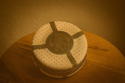 Decorative Steel Storage Box – Embossed Art Design Indian Handicraft – Round Metal Container