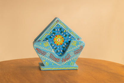 Hand-Painted Wooden Tea Coaster Set with Blue Pottery Art – 4 Coasters with Stand – Ceramic Style Floral Design