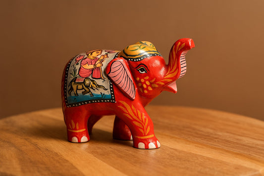 Handpainted Wooden Elephant Figurine – Shikari Art in Red – Traditional Decor & Collector’s Gift