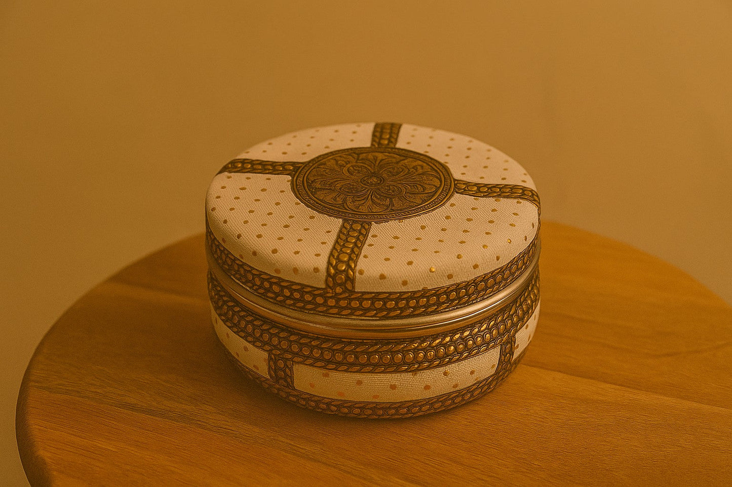 Decorative Steel Storage Box – Embossed Art Design Indian Handicraft – Round Metal Container