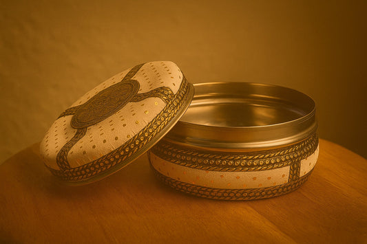 Decorative Steel Storage Box – Embossed Art Design Indian Handicraft – Round Metal Container