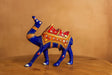 Handpainted Brass Camel Figurine with Raised Trunk - Indian Folk Art Decor - Royal Blue Traditional Rajasthani Design