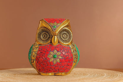 Handcrafted Metal Owl Figurine with Mosaic Stone Art - Decorative Brass Owl Statue for Home Decor - Wisdom Symbol Gift