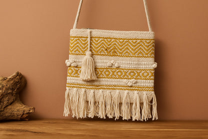 Handwoven Cotton Macrame Sling Bag with Tassels – Boho Fringe Crossbody for Women – Eco-Friendly Summer Travel Purse