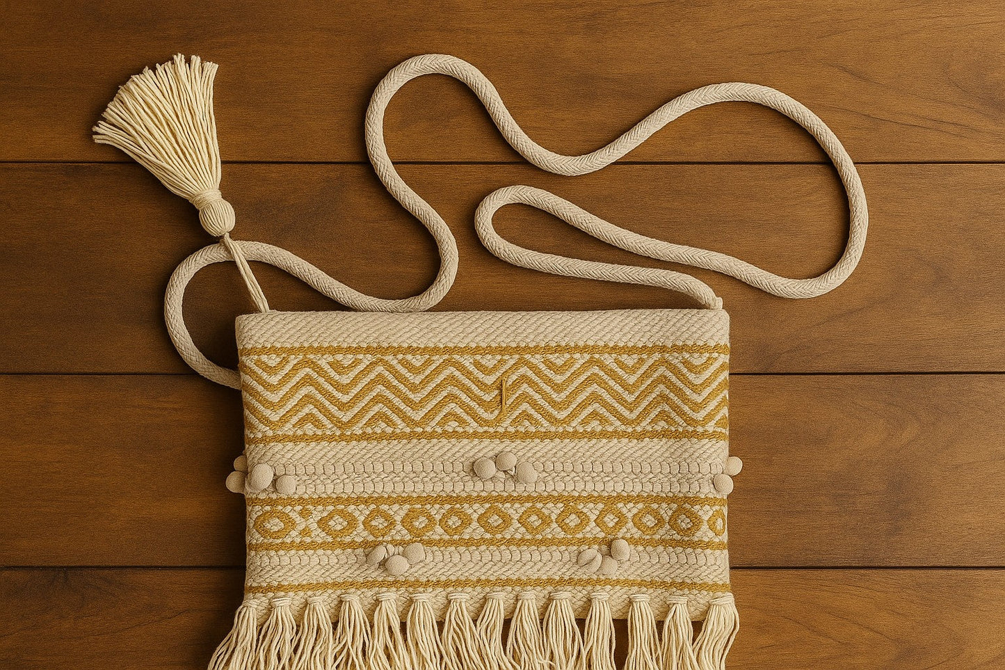 Handwoven Cotton Macrame Sling Bag with Tassels – Boho Fringe Crossbody for Women – Eco-Friendly Summer Travel Purse