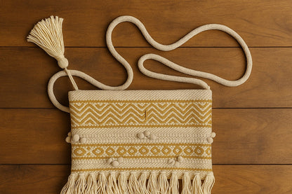 Handwoven Cotton Macrame Sling Bag with Tassels – Boho Fringe Crossbody for Women – Eco-Friendly Summer Travel Purse