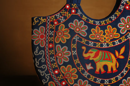 Handcrafted Embroidered Cotton Sling Bag Elephant Motif – Boho Ethnic Tote for Women – Rajasthani Folk Art Design