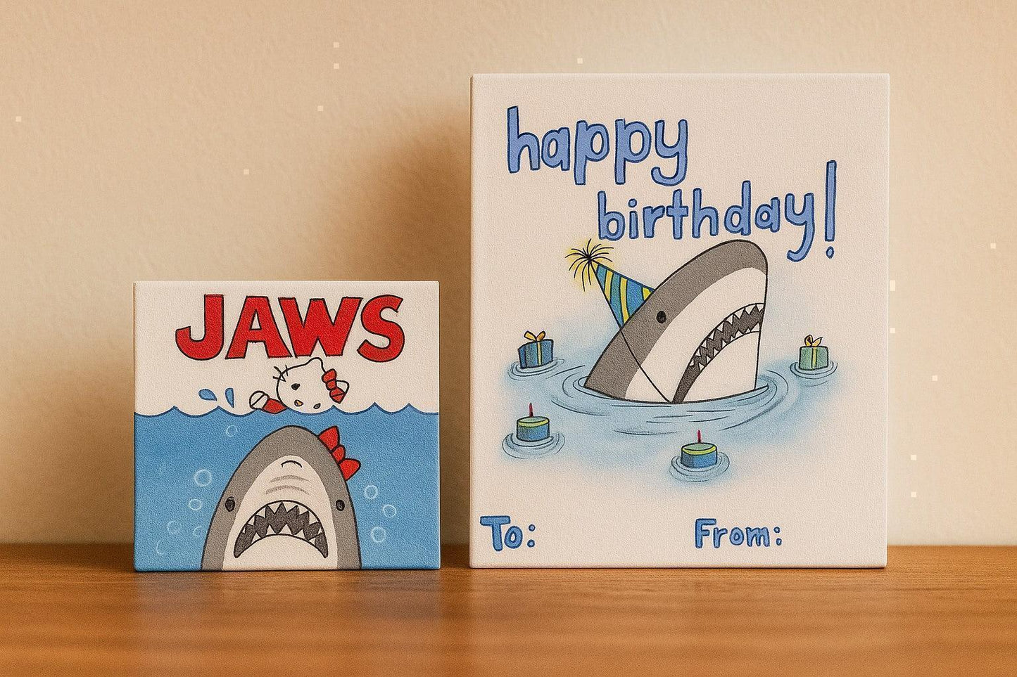 Hand-Painted Whimsical Shark Canvas Set - Quirky Birthday Gift Art (Set of 2)