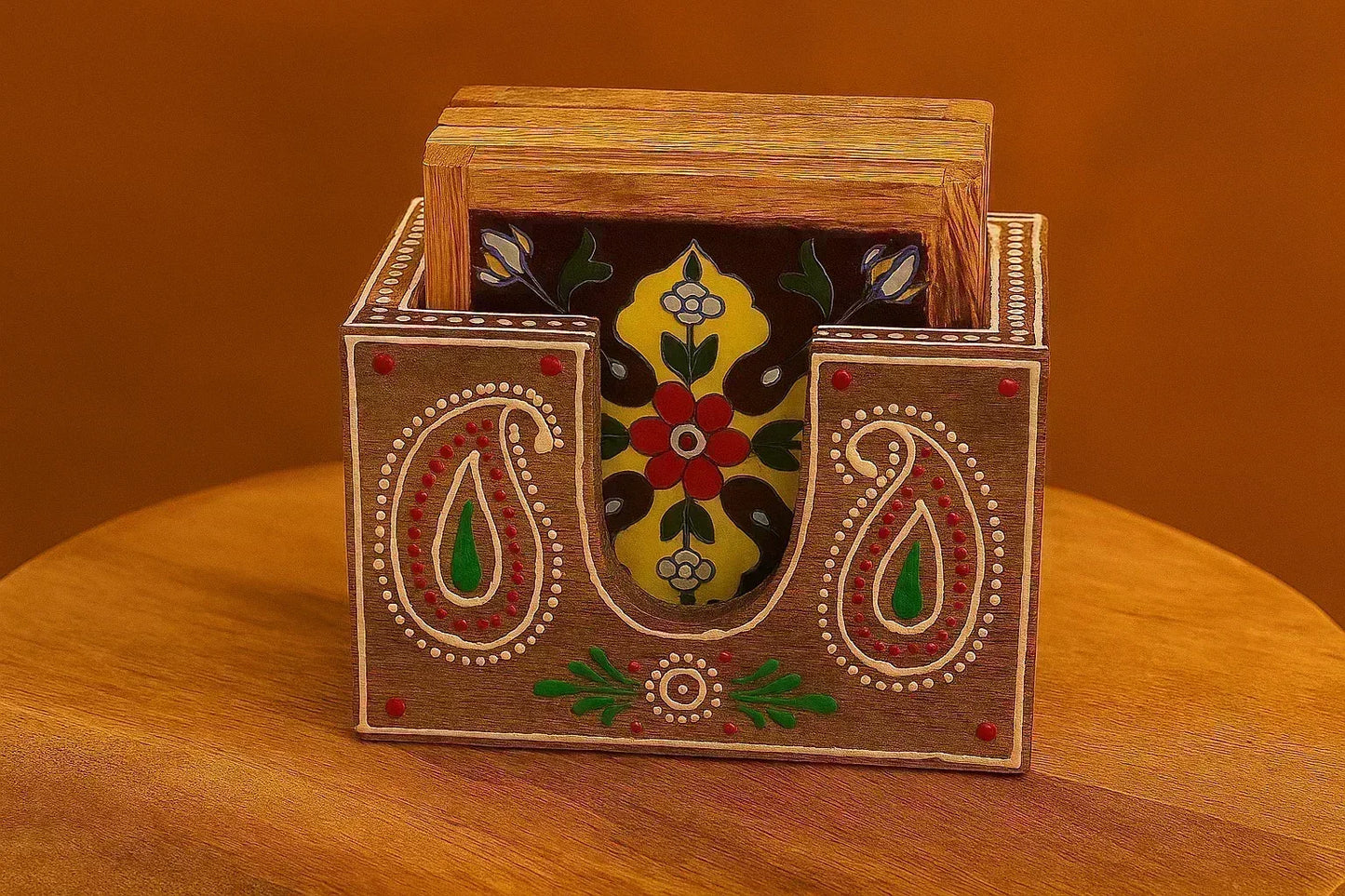 Hand-Painted Wooden Tea Coaster Set - Jaipur Ceramic Art - Set of 4 with Holder