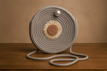 Handcrafted Round Sling Bag with Woven Sunflower - Boho Chic Coiled Rope Purse