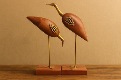 Handcrafted Wooden Bird Showpiece Set with Brass Accents - Mid-Century Modern Decor (Set of 2)
