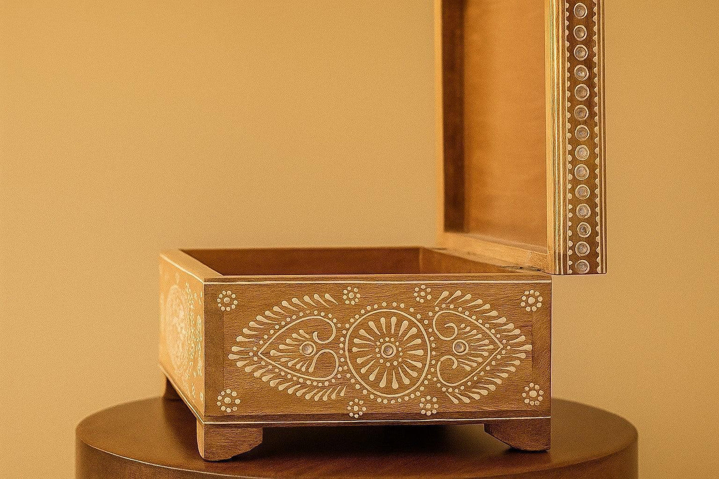 Hand-Painted Wooden Jewelry Box - Indian Folk Art & White Pigment Work