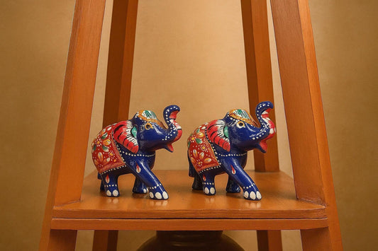 Hand-Painted Metal Elephant Showpiece (Pair) - Meenakari Art Good Luck Figurine