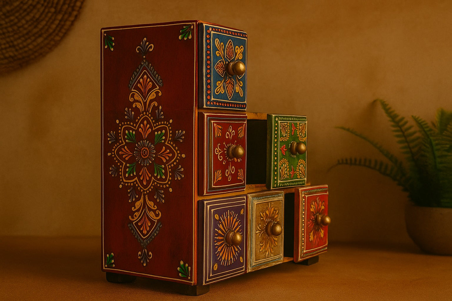 Hand-Painted Wooden Storage Box – Indian Folk Art Jewelry & Trinket Chest | Colorful Accent Decor