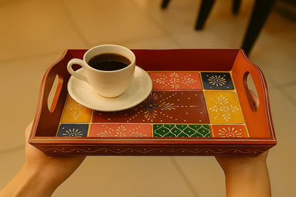 Handpainted Marwari Wooden Serving Tray - Traditional Indian Art Decorative Platter