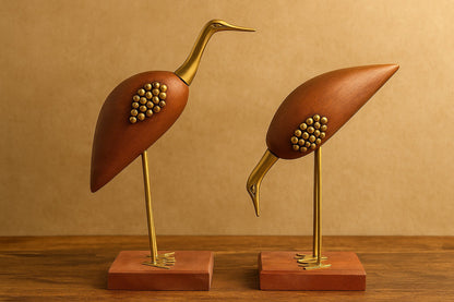 Handcrafted Wooden Bird Showpiece Set with Brass Accents - Mid-Century Modern Decor (Set of 2)