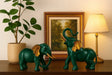 Premium Resin Elephant Pair - Green & Gold Leaf Showpiece Set (Trunk Up for Good Luck)